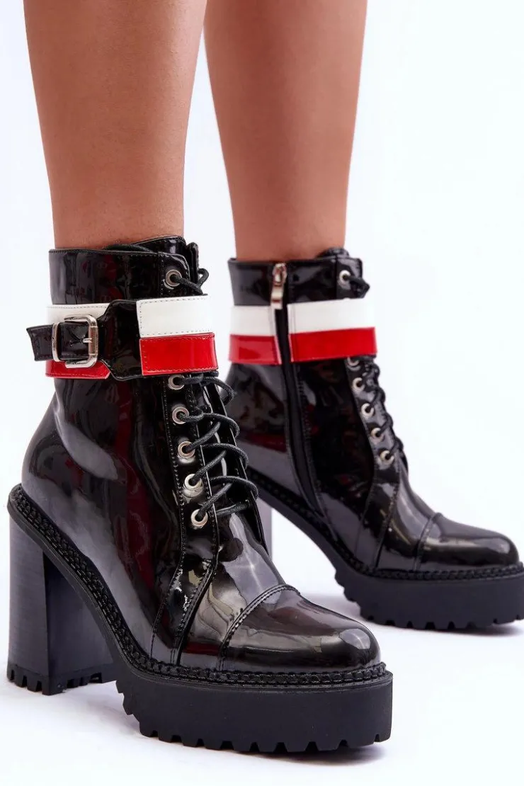 Damskie Boto Masywne Skórzane Botki Na Słupku Czarne Adrijana