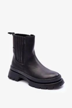 Damskie Boto Masywne Skórzane Botki Sztyblety Czarne Rosan