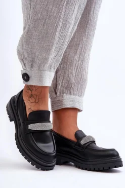 Sale Boto Masywne Skórzane Mokasyny Z Ozdobą Czarne Aricka