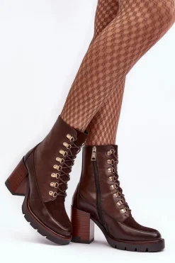 Buty damskie Vinceza Botki Na Słupku|Brązowe I Beżowe Botki*Masywne Sznurowane Botki Na Słupku Brązowe Lathia