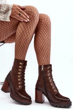 Buty damskie Vinceza Botki Na Słupku|Brązowe I Beżowe Botki*Masywne Sznurowane Botki Na Słupku Brązowe Lathia