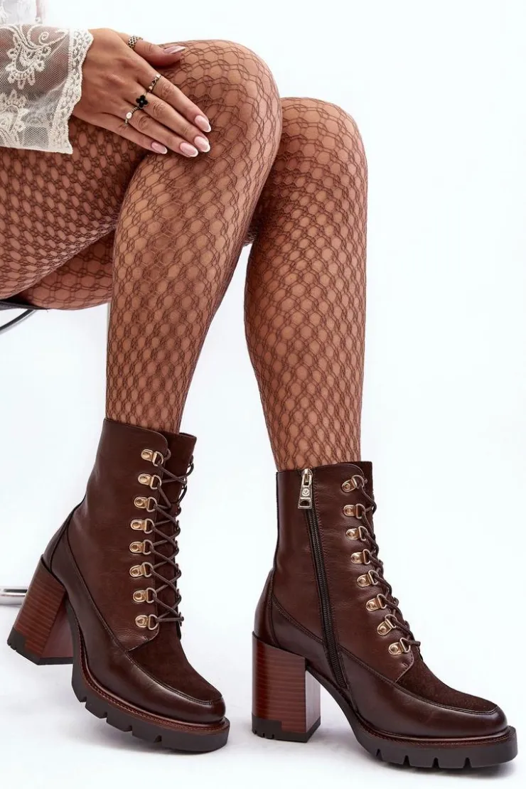 Buty damskie Vinceza Botki Na Słupku|Brązowe I Beżowe Botki*Masywne Sznurowane Botki Na Słupku Brązowe Lathia