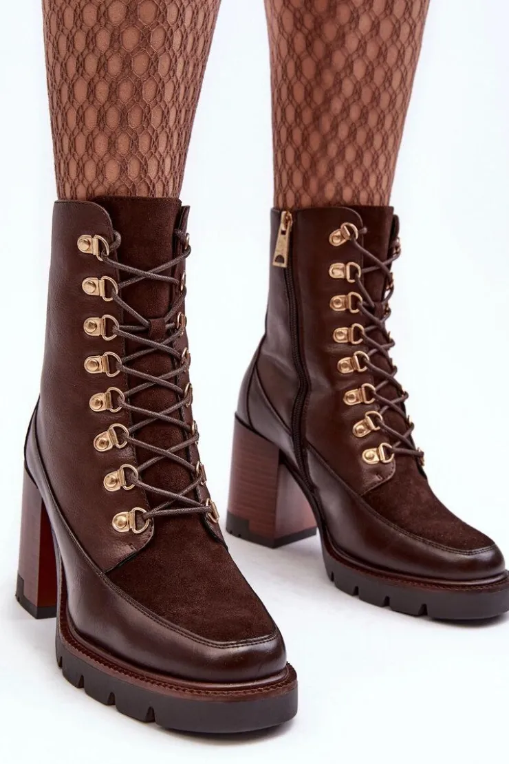 Buty damskie Vinceza Botki Na Słupku|Brązowe I Beżowe Botki*Masywne Sznurowane Botki Na Słupku Brązowe Lathia
