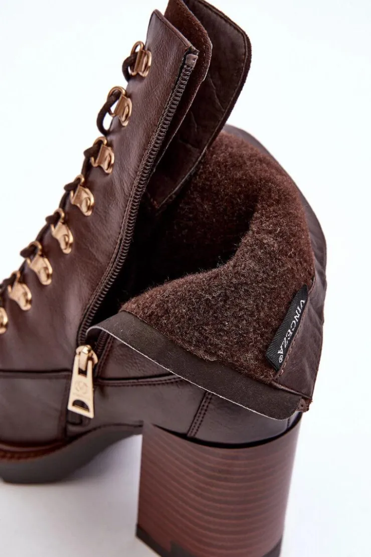 Buty damskie Vinceza Botki Na Słupku|Brązowe I Beżowe Botki*Masywne Sznurowane Botki Na Słupku Brązowe Lathia