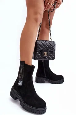 New Boto Masywne Zamszowe Botki Damskie Na Płaskim Obcasie Czarne Lunai