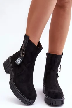 New Boto Masywne Zamszowe Botki Damskie Na Płaskim Obcasie Czarne Lunai