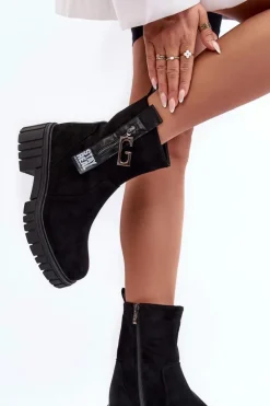New Boto Masywne Zamszowe Botki Damskie Na Płaskim Obcasie Czarne Lunai