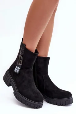New Boto Masywne Zamszowe Botki Damskie Na Płaskim Obcasie Czarne Lunai