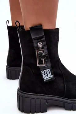New Boto Masywne Zamszowe Botki Damskie Na Płaskim Obcasie Czarne Lunai