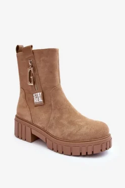 Boto Botki Zimowe Damskie|Brązowe I Beżowe Botki*Masywne Zamszowe Botki Damskie Na Płaskim Obcasie Beżowe Lunai