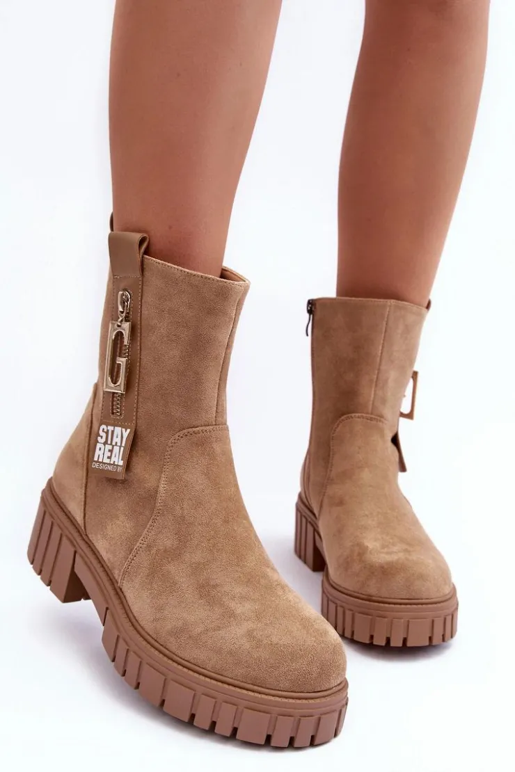 Boto Botki Zimowe Damskie|Brązowe I Beżowe Botki*Masywne Zamszowe Botki Damskie Na Płaskim Obcasie Beżowe Lunai