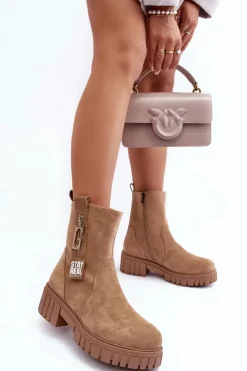 Boto Botki Zimowe Damskie|Brązowe I Beżowe Botki*Masywne Zamszowe Botki Damskie Na Płaskim Obcasie Beżowe Lunai