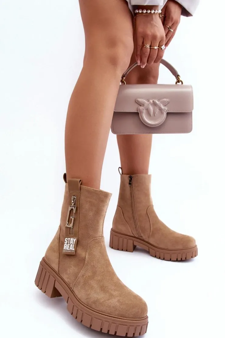 Boto Botki Zimowe Damskie|Brązowe I Beżowe Botki*Masywne Zamszowe Botki Damskie Na Płaskim Obcasie Beżowe Lunai