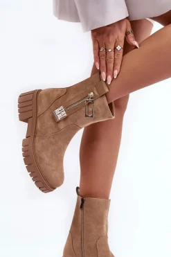 Boto Botki Zimowe Damskie|Brązowe I Beżowe Botki*Masywne Zamszowe Botki Damskie Na Płaskim Obcasie Beżowe Lunai