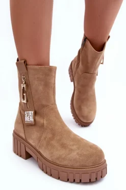 Boto Botki Zimowe Damskie|Brązowe I Beżowe Botki*Masywne Zamszowe Botki Damskie Na Płaskim Obcasie Beżowe Lunai