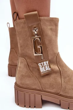 Boto Botki Zimowe Damskie|Brązowe I Beżowe Botki*Masywne Zamszowe Botki Damskie Na Płaskim Obcasie Beżowe Lunai