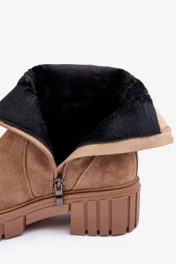 Boto Botki Zimowe Damskie|Brązowe I Beżowe Botki*Masywne Zamszowe Botki Damskie Na Płaskim Obcasie Beżowe Lunai