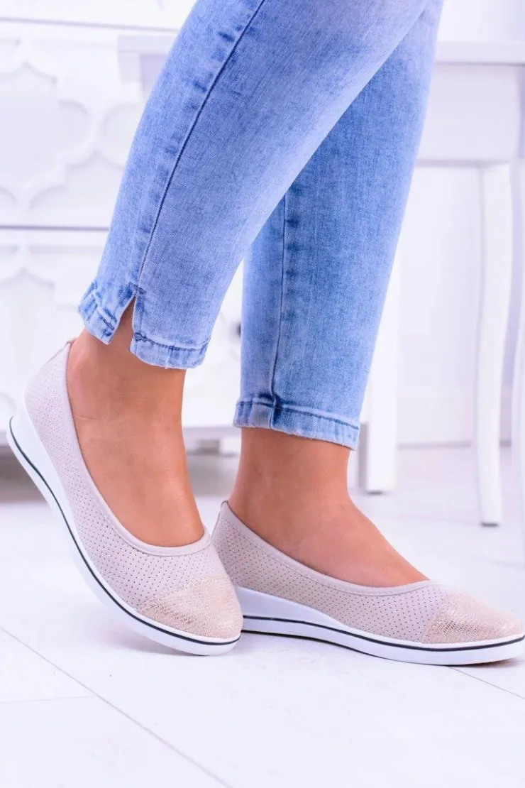 Hot Boto Materiałowe Beżowe Baleriny Na Koturnie Elleni