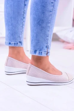 Hot Boto Materiałowe Beżowe Baleriny Na Koturnie Elleni