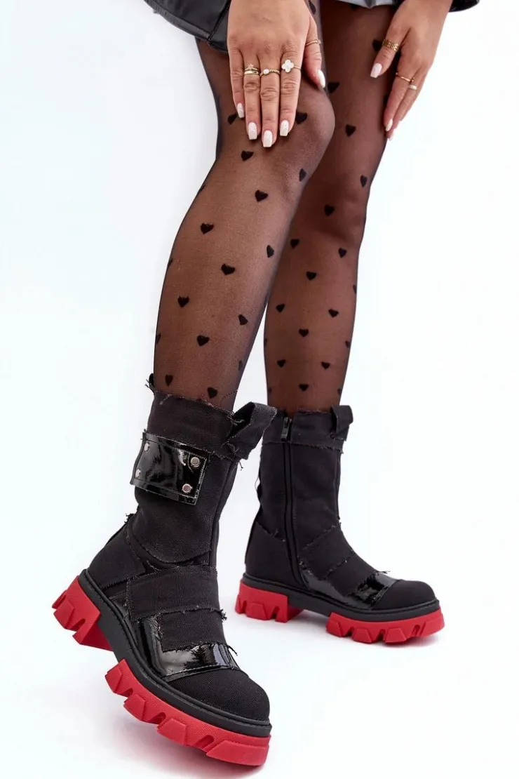 Boto Botki Sznurowane|Czarne Botki*Materiałowe Botki Damskie Na Suwak Czarne Elinare