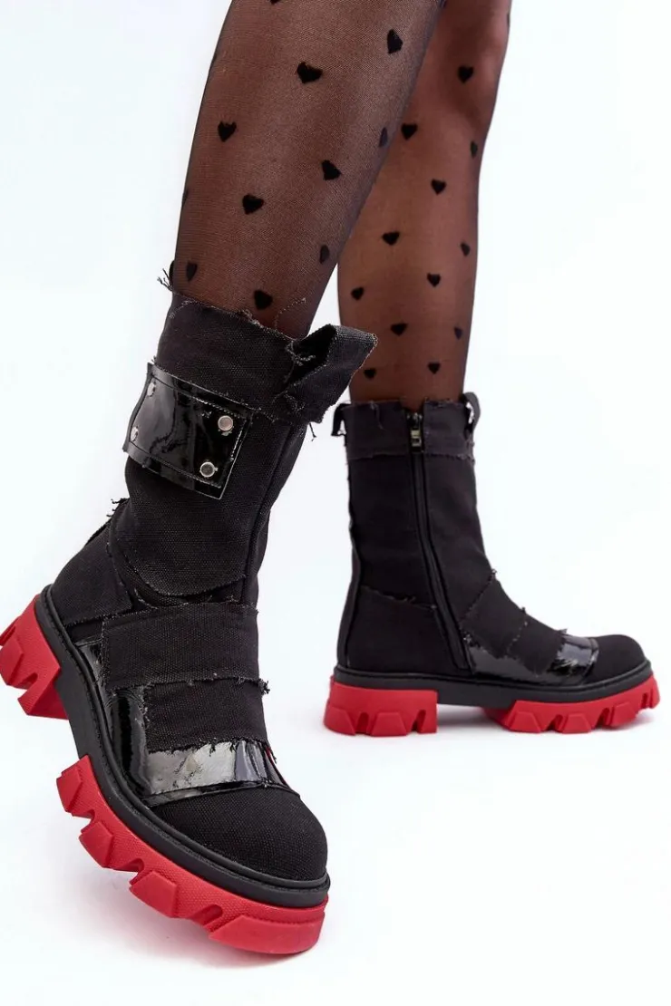 Boto Botki Sznurowane|Czarne Botki*Materiałowe Botki Damskie Na Suwak Czarne Elinare