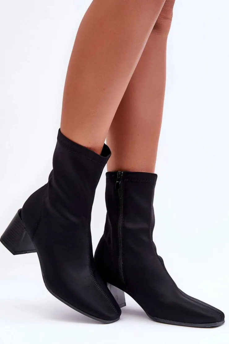 Damskie Boto Materiałowe Botki Na Suwak Czarne Amisa