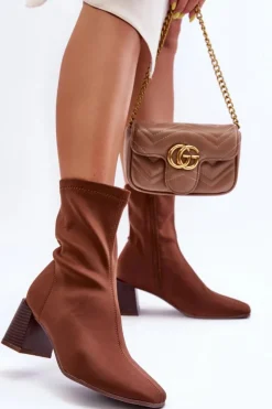 Boto Botki Wiosenne|Botki Na Słupku*Materiałowe Botki Na Suwak Brązowe Amisa