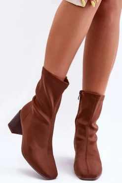 Boto Botki Wiosenne|Botki Na Słupku*Materiałowe Botki Na Suwak Brązowe Amisa