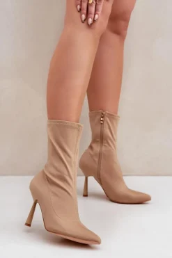 Boto Brązowe I Beżowe Botki|Botki Na Obcasie*Materiałowe Botki Na Szpilce Ciemnobeżowe Amune Beżowy