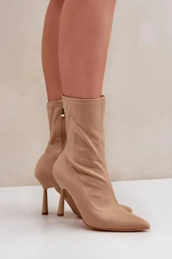 Boto Brązowe I Beżowe Botki|Botki Na Obcasie*Materiałowe Botki Na Szpilce Ciemnobeżowe Amune Beżowy