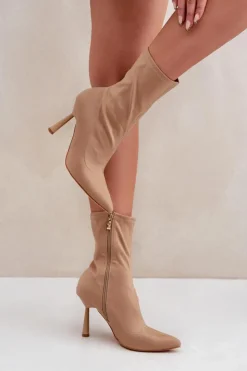 Boto Brązowe I Beżowe Botki|Botki Na Obcasie*Materiałowe Botki Na Szpilce Ciemnobeżowe Amune Beżowy