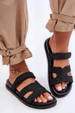 Damskie Boto Materiałowe Damskie Klapki Na Rzep Czarne Jose