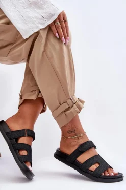 Damskie Boto Materiałowe Damskie Klapki Na Rzep Czarne Jose