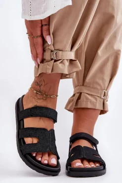 Damskie Boto Materiałowe Damskie Klapki Na Rzep Czarne Jose