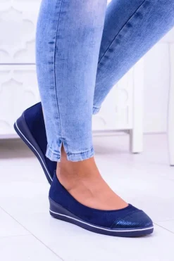 Sale Boto Materiałowe Granatowe Baleriny Na Koturnie Elleni