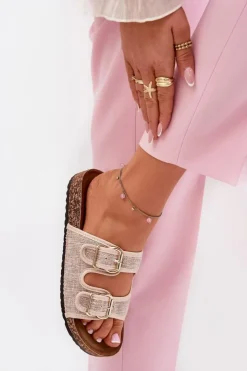 Online Boto Materiałowe Klapki Damskie Na Korkowej Platformie Z Klamrami Beżowe Osoffe Beżowy