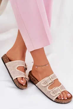 Online Boto Materiałowe Klapki Damskie Na Korkowej Platformie Z Klamrami Beżowe Osoffe Beżowy