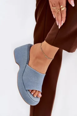 New Boto Materiałowe Klapki Damskie Na Platformie I Koturnie Jeansowe Afisal Niebieski