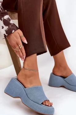 New Boto Materiałowe Klapki Damskie Na Platformie I Koturnie Jeansowe Afisal Niebieski