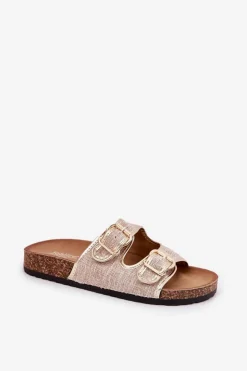 Hot Boto Materiałowe Klapki Damskie Na Korkowej Platformie Z Klamrami Złote Osoffe Złoty