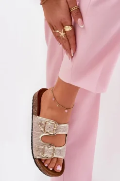 Hot Boto Materiałowe Klapki Damskie Na Korkowej Platformie Z Klamrami Złote Osoffe Złoty