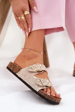 Hot Boto Materiałowe Klapki Damskie Na Korkowej Platformie Z Klamrami Złote Osoffe Złoty