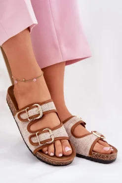 Damskie Boto Materiałowe Klapki Damskie Na Korkowej Platformie Z Klamrami Camel Osoffe