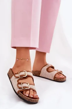 Damskie Boto Materiałowe Klapki Damskie Na Korkowej Platformie Z Klamrami Camel Osoffe