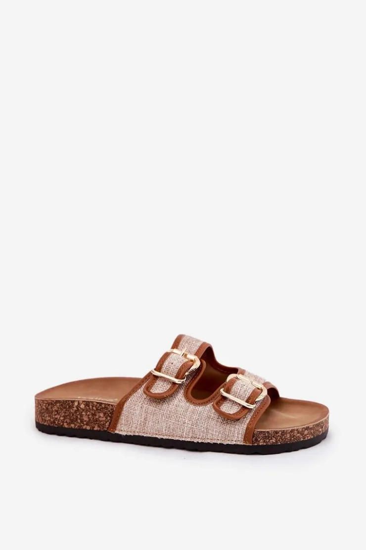 Damskie Boto Materiałowe Klapki Damskie Na Korkowej Platformie Z Klamrami Camel Osoffe