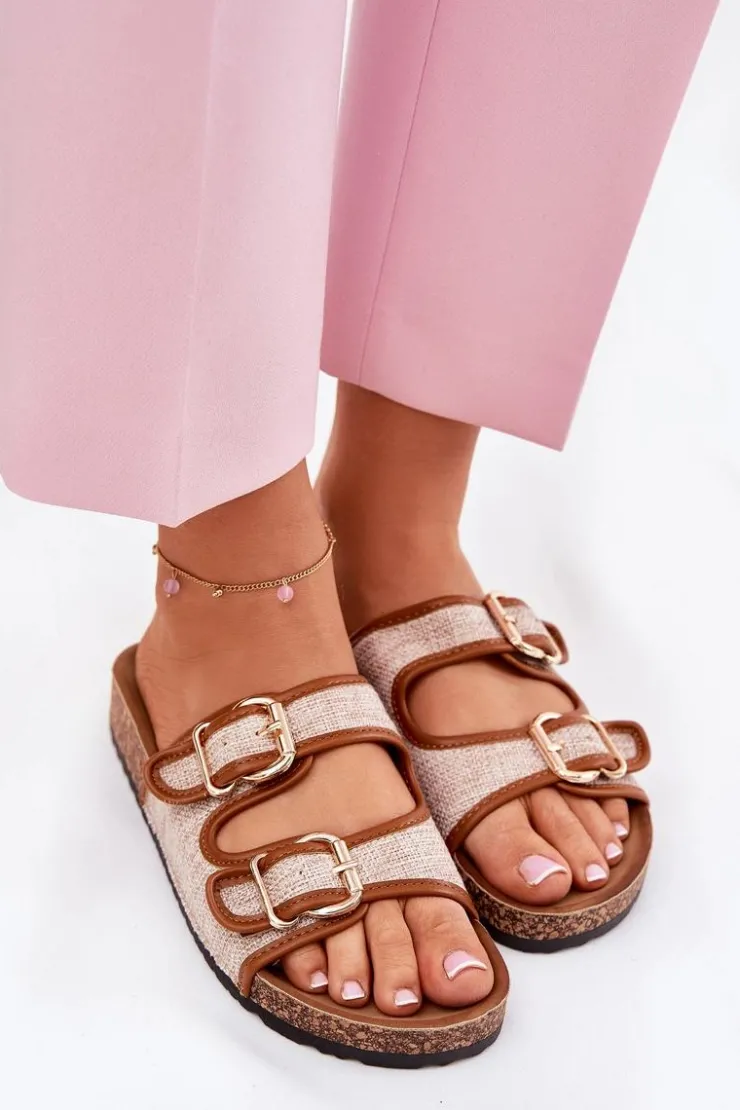 Damskie Boto Materiałowe Klapki Damskie Na Korkowej Platformie Z Klamrami Camel Osoffe