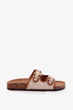 Damskie Boto Materiałowe Klapki Damskie Na Korkowej Platformie Z Klamrami Camel Osoffe