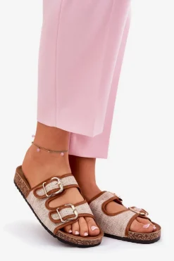 Damskie Boto Materiałowe Klapki Damskie Na Korkowej Platformie Z Klamrami Camel Osoffe