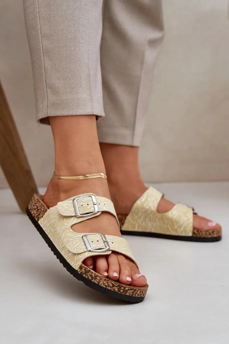 Boto Klapki Korkowe|Klapki Na Platformie*Materiałowe Klapki Na Korkowej Podeszwie Z Klamrami Żółte Atera Żółty