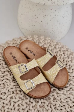 Boto Klapki Korkowe|Klapki Na Platformie*Materiałowe Klapki Na Korkowej Podeszwie Z Klamrami Żółte Atera Żółty